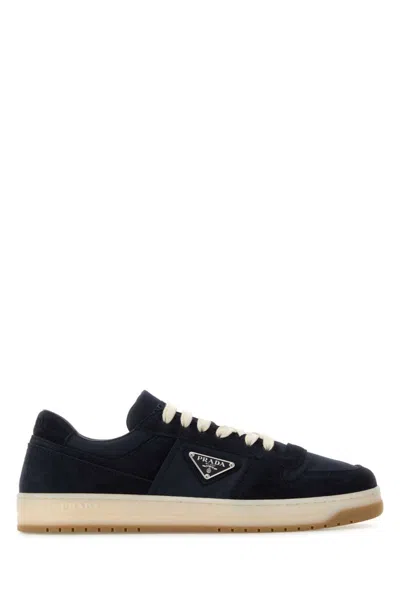 Prada Navy Blue Canvas And Suede Downtown Sneakers In Blue