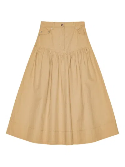 Ganni Womens Pale Khaki Summer Suiting Gathered Cotton And Linen Midi Skirt In Nude
