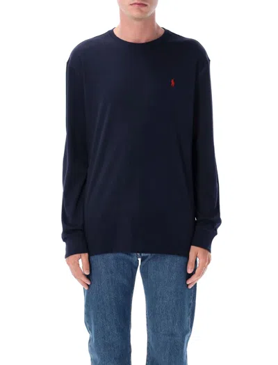 Ralph Lauren Long Sleeve Crew Neck Sweater With Ribbed Cuffs In Blue