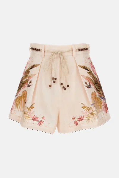 Zimmermann Ascension Belted Bead-embellished Floral-print Linen Shorts