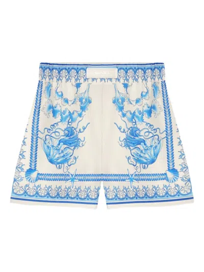 Versace Underwater Barocco Bicolor Foulard Cotton Poplin Pull-on Shorts In Blue
