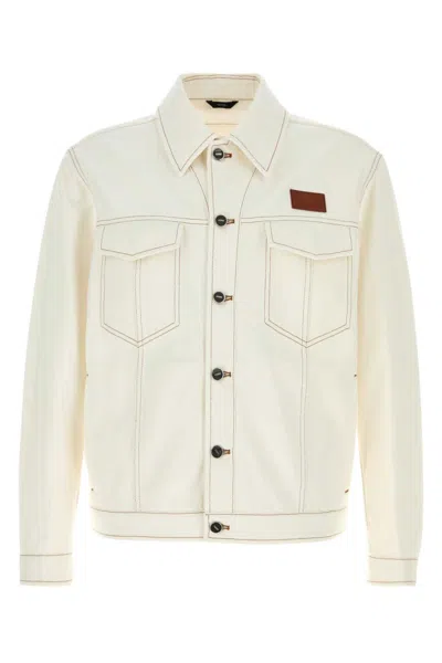 Fendi Denim Jacket With Adjustable Hem And Chest Pockets In Neutral