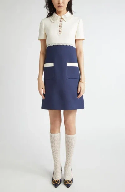 Valentino Garavani Lace Trim Colorblock Crepe Couture Shift Dress In Blue