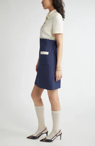 Valentino Garavani Lace Trim Colorblock Crepe Couture Shift Dress In Blue