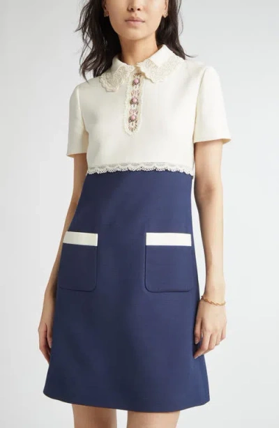 Valentino Garavani Lace Trim Colorblock Crepe Couture Shift Dress In Blue