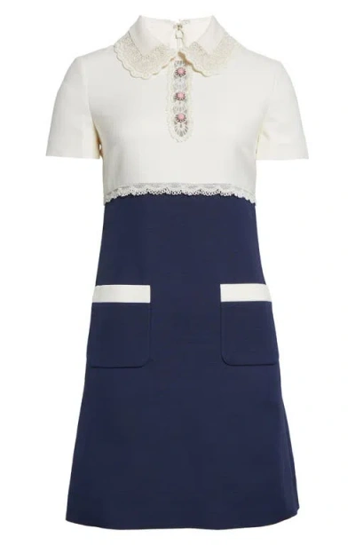 Valentino Garavani Lace Trim Colorblock Crepe Couture Shift Dress In Blue