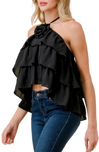 Beivy Rosette Ruffle Halter Neck Dobby Top