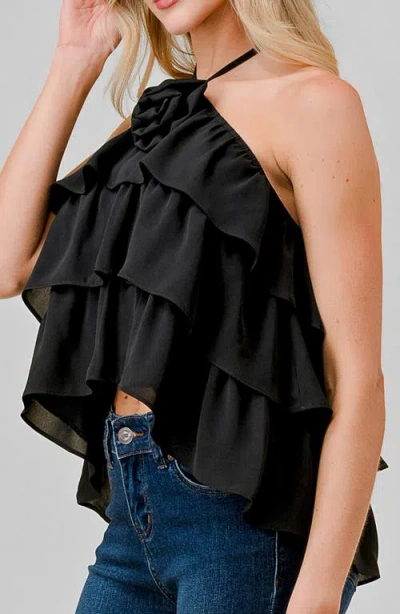 Beivy Rosette Ruffle Halter Neck Dobby Top