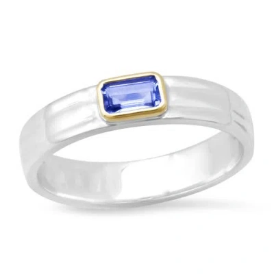 Elliot Young "liquid Metal" Narrow Hammered Sterling Silver 14k Band With Knife Edge Gemstone Tanzan