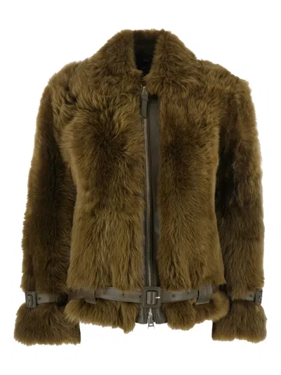 Tom Ford Women Brown Jacket With Adjustable Belt On The Waist In Fur Woman In Green