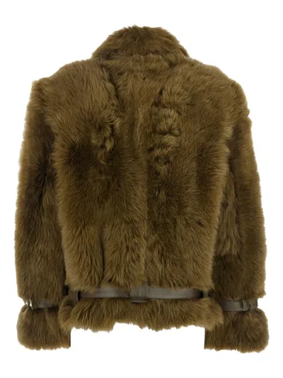Tom Ford Women Brown Jacket With Adjustable Belt On The Waist In Fur Woman In Green