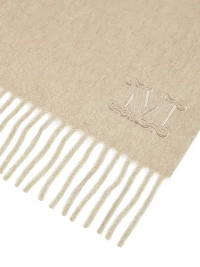Max Mara Embroidered-logo Fringed Scarf In Neutral