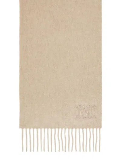 Max Mara Embroidered-logo Fringed Scarf In Neutral