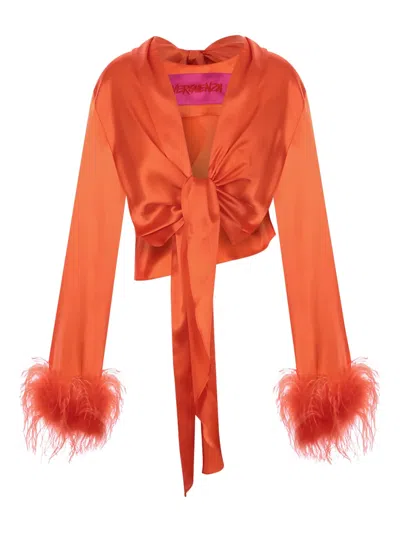 羽毛边饰结饰衬衫