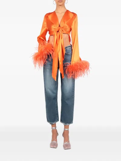 羽毛边饰结饰衬衫