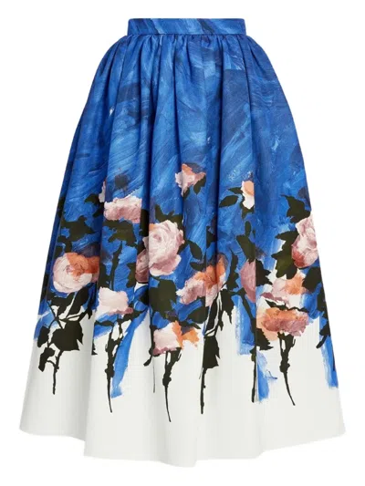 Erdem Womens Rose Cobalt Blue Floral Pleated Cotton-blend Midi Skirt