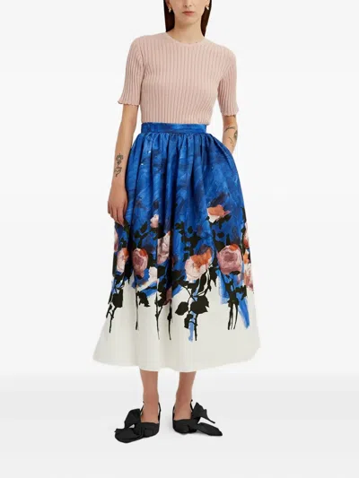 Erdem Womens Rose Cobalt Blue Floral Pleated Cotton-blend Midi Skirt