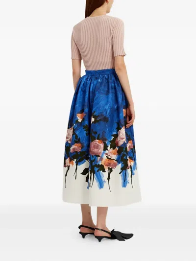 Erdem Womens Rose Cobalt Blue Floral Pleated Cotton-blend Midi Skirt