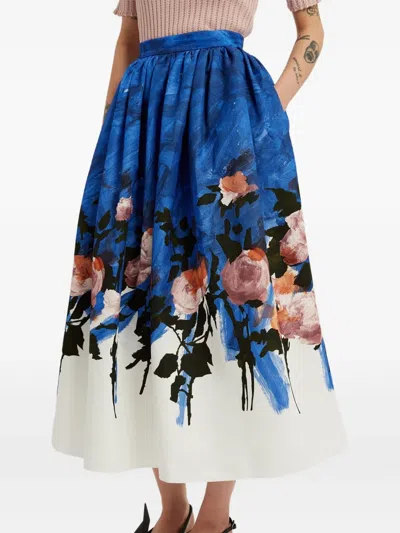 Erdem Womens Rose Cobalt Blue Floral Pleated Cotton-blend Midi Skirt