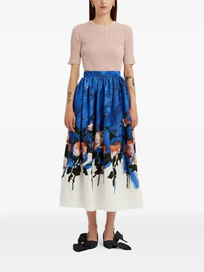 Erdem Womens Rose Cobalt Blue Floral Pleated Cotton-blend Midi Skirt