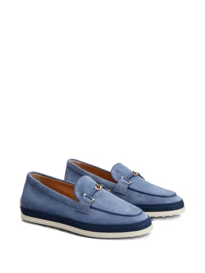 Tod's Rafia-trimmed Suede Loafers In Blue