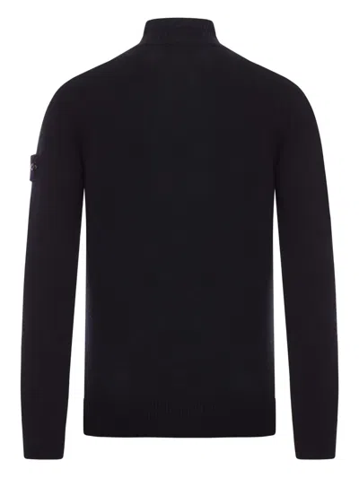 Stone Island High Collar Pullover With Buttoned Placket And Logo Patch In Black