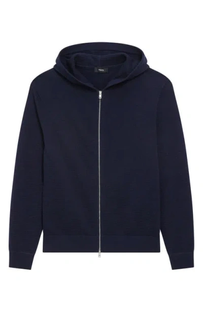 Theory Myhlo Perforated Waffle Cotton Zip Hoodie In Blue