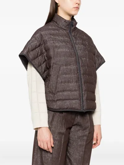 Brunello Cucinelli Short Sleeve Quilted High Neck Jacket In Brown