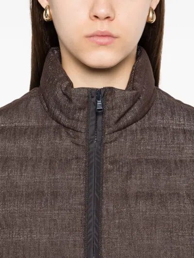 Brunello Cucinelli Short Sleeve Quilted High Neck Jacket In Brown