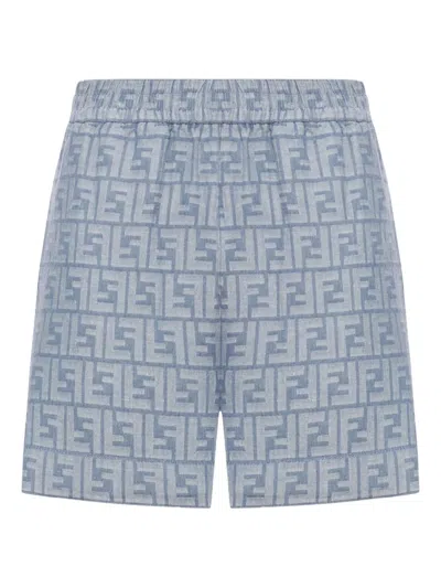 Fendi Embroidered Chambray Shorts With All-over Pattern In Blue