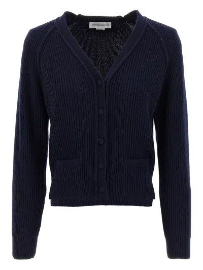 Victoria Beckham Navy Blue Stepped Hem Cardigan In Blue