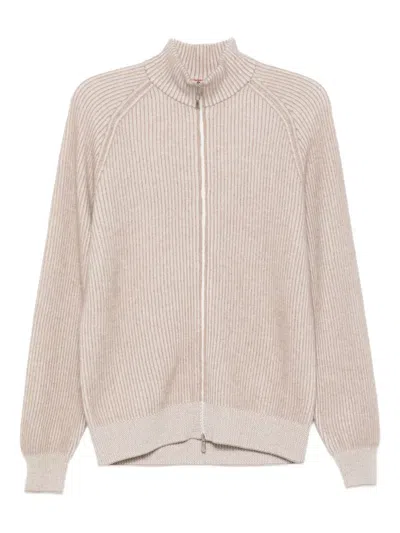 Brunello Cucinelli Cashmere High Neck Zip-up Cardigan With Ribbed Knit In Neutral