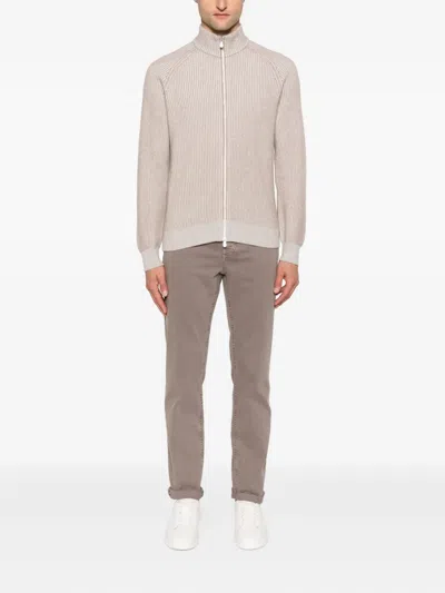 Brunello Cucinelli Cashmere High Neck Zip-up Cardigan With Ribbed Knit In Neutral