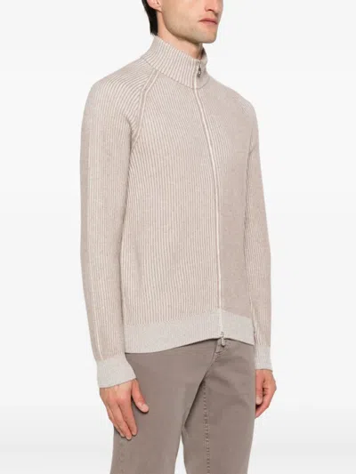 Brunello Cucinelli Cashmere High Neck Zip-up Cardigan With Ribbed Knit In Neutral