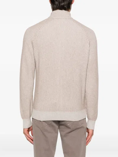 Brunello Cucinelli Cashmere High Neck Zip-up Cardigan With Ribbed Knit In Neutral