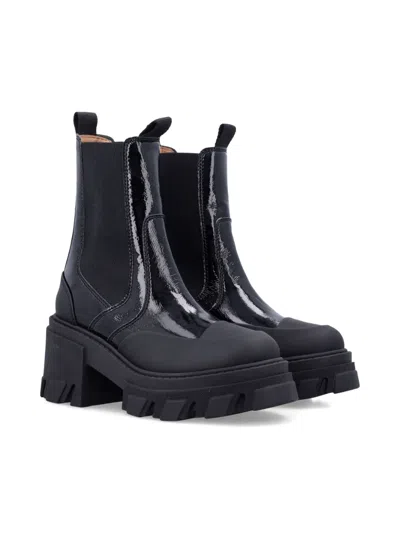 Ganni Patent-leather Cleated Chelsea Boots
