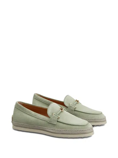 Tod's Rafia-trimmed Suede Loafers In Green