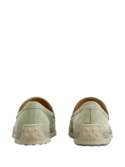 Tod's Rafia-trimmed Suede Loafers In Green