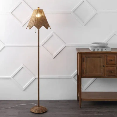 Jonathan Y Tybee 60.5" Traditional Coastal Rattan Scalloped Led Floor Lamp In Gold