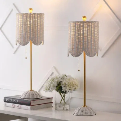 Jonathan Y Celerie 27.5" Coastal Bohemian Rattan/iron Scalloped Buffet Led Table Lamp With Pull Chai In Neutral