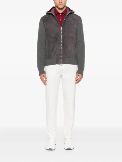 Brunello Cucinelli Grey Suede And Knit Hooded Jacket