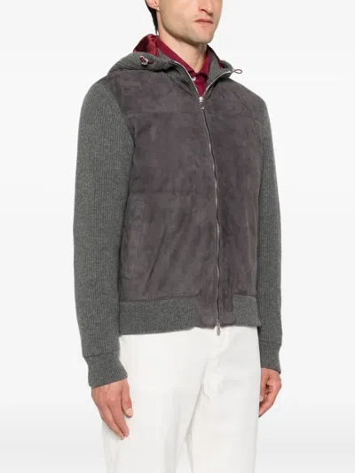 Brunello Cucinelli Grey Suede And Knit Hooded Jacket