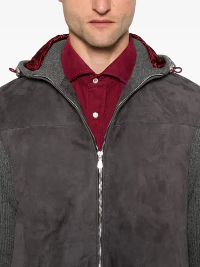 Brunello Cucinelli Grey Suede And Knit Hooded Jacket