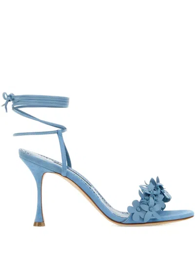 Manolo Blahnik 90mm Flower-embellished Lace-up Heeled Sandals In Blue