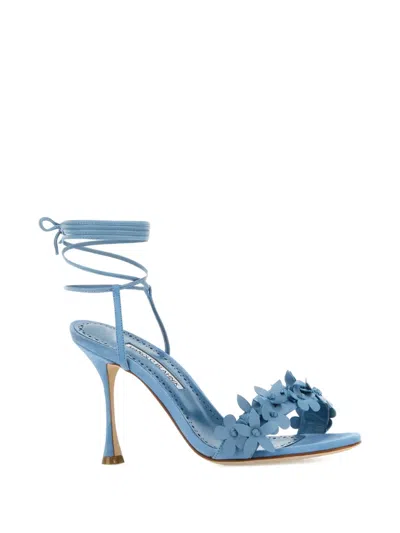 Manolo Blahnik 90mm Flower-embellished Lace-up Heeled Sandals In Blue