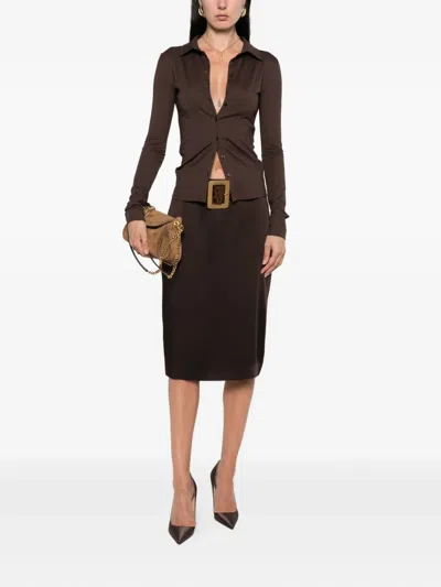 Tom Ford Satin Pencil Midi Skirt With Back Slit In Brown