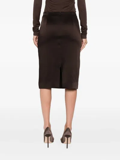 Tom Ford Satin Pencil Midi Skirt With Back Slit In Brown