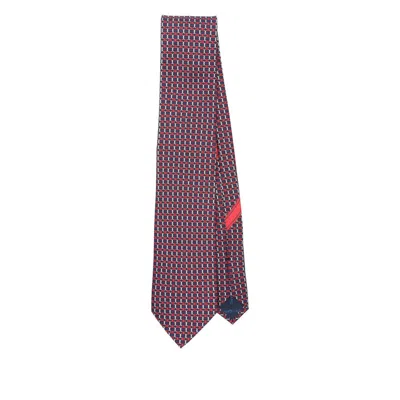 Ferragamo Geometric-pattern Silk Tie Contrast Trim In Red