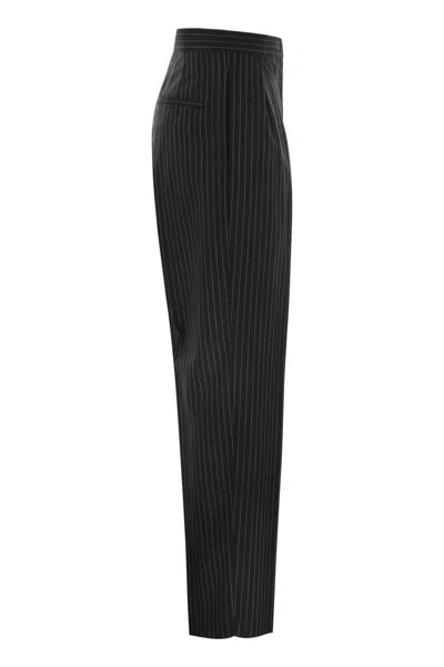Max Mara Tailored Pinstripe Trousers With High Waist And Pleated Front In Black