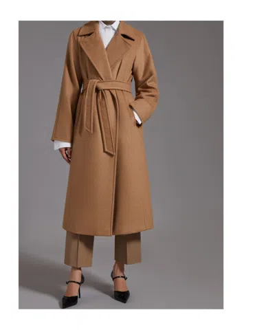Max Mara Dove Grey Long Coat With Belted Waist And Classic Lapel In Brown